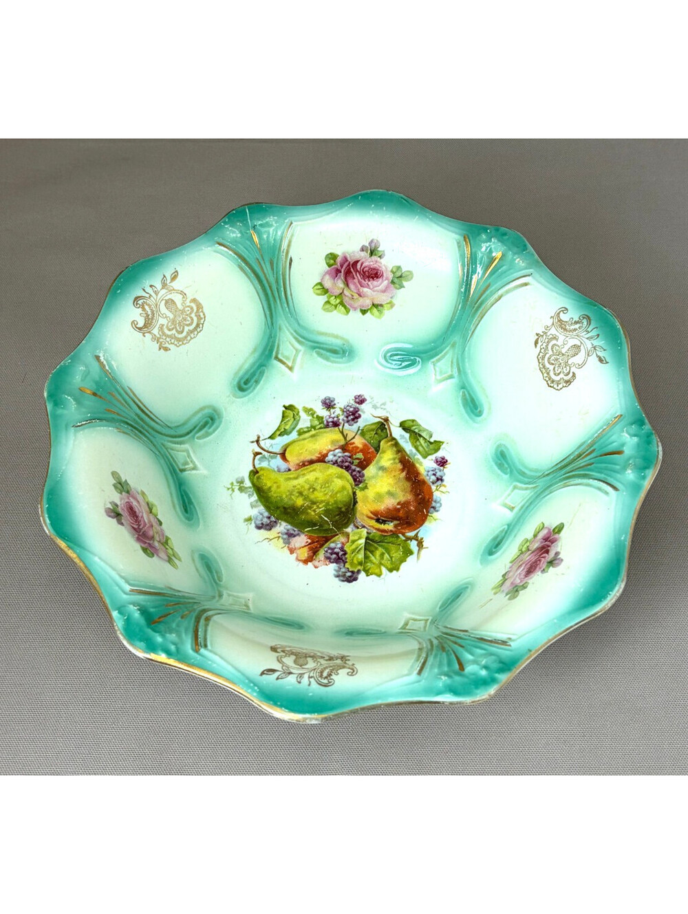 Antique Victorian Porcelain Serving Bowl Green Scalloped Pear Fruit Gold Trim 9"